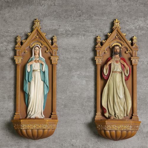 BC BUILDCLASSIC BC Catholic Sculpture Immaculate Heart of Mary and Sacred Heart of Jesus 9 H Holy Water Font Wall Plaque Set of 2pcs Religious Gift of Mom Hand Painted by Buildclassic - Image 3