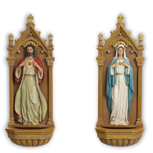 BC BUILDCLASSIC BC Catholic Sculpture Immaculate Heart of Mary and Sacred Heart of Jesus 9 H Holy Water Font Wall Plaque Set of 2pcs Religious Gift of Mom Hand Painted by Buildclassic - Image 1