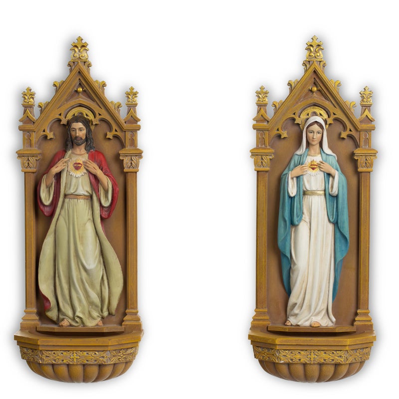 BC BUILDCLASSIC BC Catholic Sculpture Immaculate Heart of Mary and Sacred Heart of Jesus 9 H Holy Water Font Wall Plaque Set of 2pcs Religious Gift of Mom Hand Painted by Buildclassic - Image 2