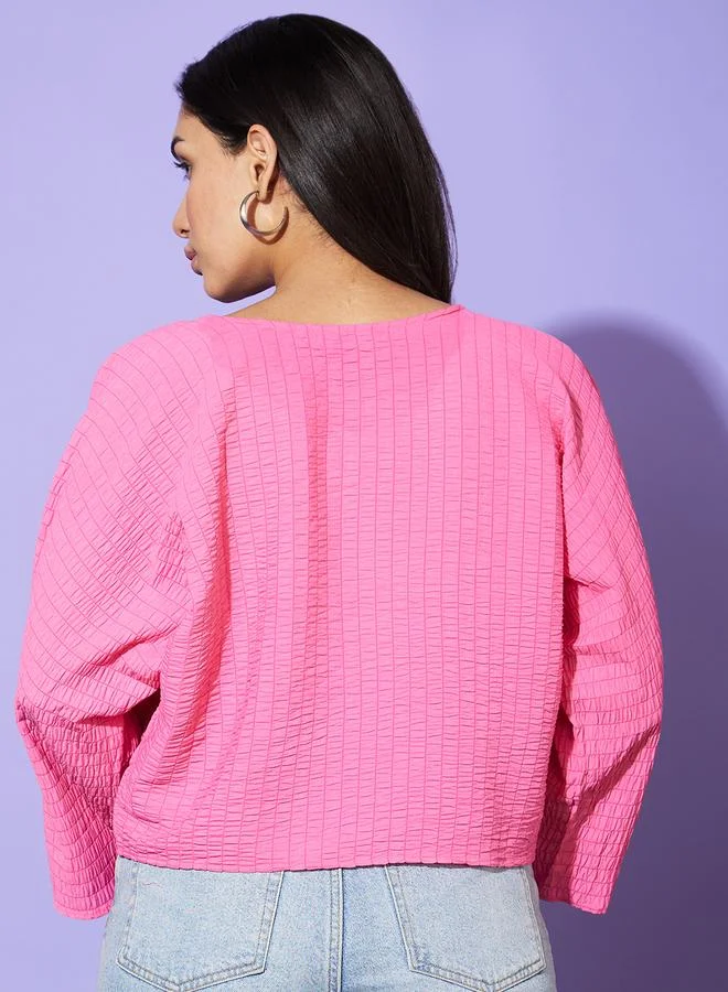globus  Textured Round Neck Batwing Sleeve Top for Women | Best Price UAE