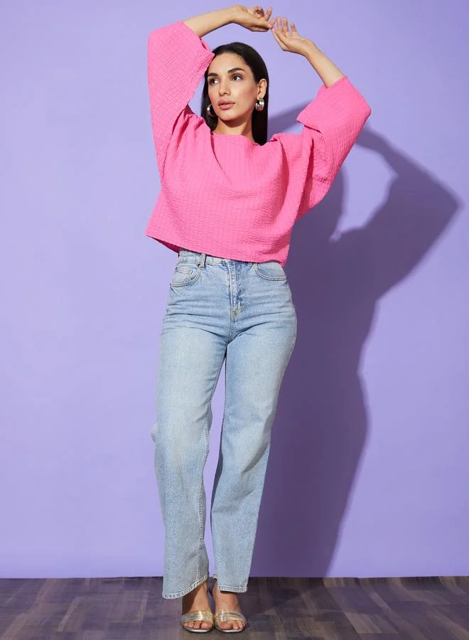 globus  Textured Round Neck Batwing Sleeve Top for Women | Best Price UAE