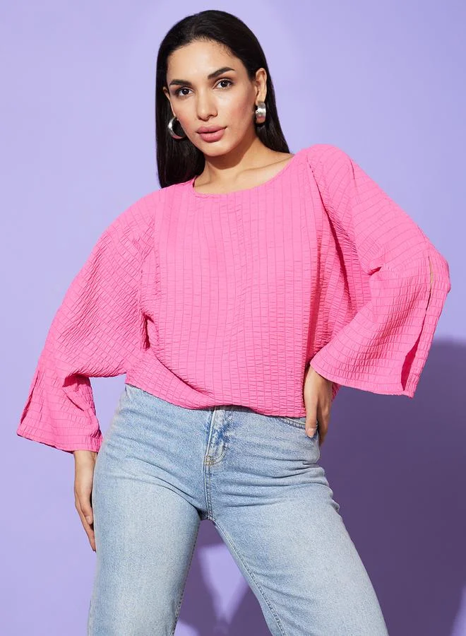 Textured Round Neck Batwing Sleeve Top