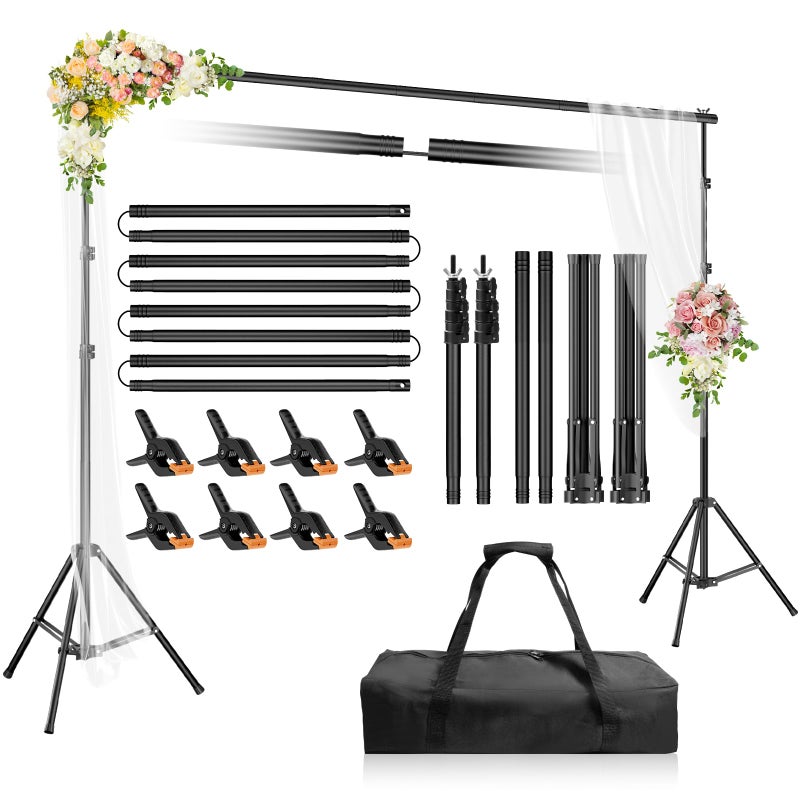 Qoolfoto Backdrop Stand 10x6.6ft(WxH), Photo Studio Adjustable Background Stand Support System Kit with 8 Crossbars, 8 Clamps and Carrying Bag for Parties, Wedding, Photography, Decoration - Image 1