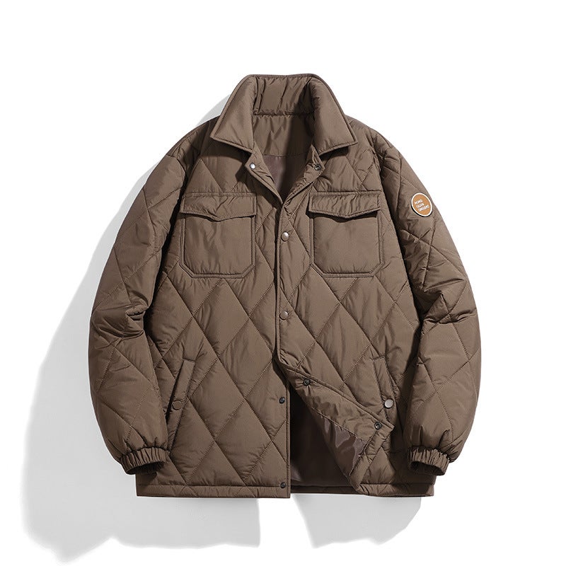 Winter New Popular Solid Color Two-Open Workwear Cotton-Padded Coat Japanese Fashion Brand Loose Rhombus Thickened Coat Warm - Image 4