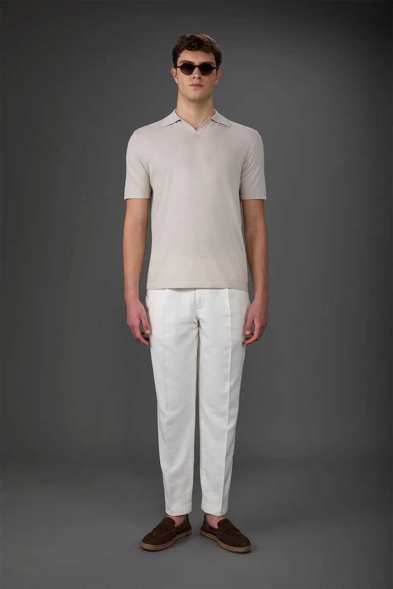 Men's 100% cotton crepe short-sleeved knitted polo shirt with derby collar - Ice