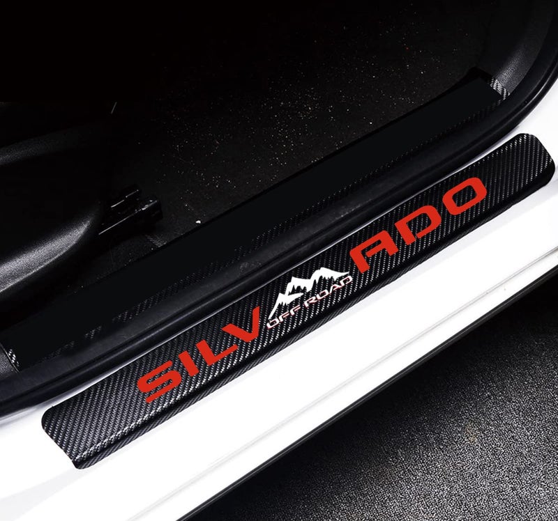 MAXDOOL 4Pcs Car Door Sill Protector Reflective 4D Carbon Fiber Sticker Decoration Door Entry Guard Door Sill Scuff Plate Stickers Compatible with Silve4x4rado Off Road (Red) - Image 1