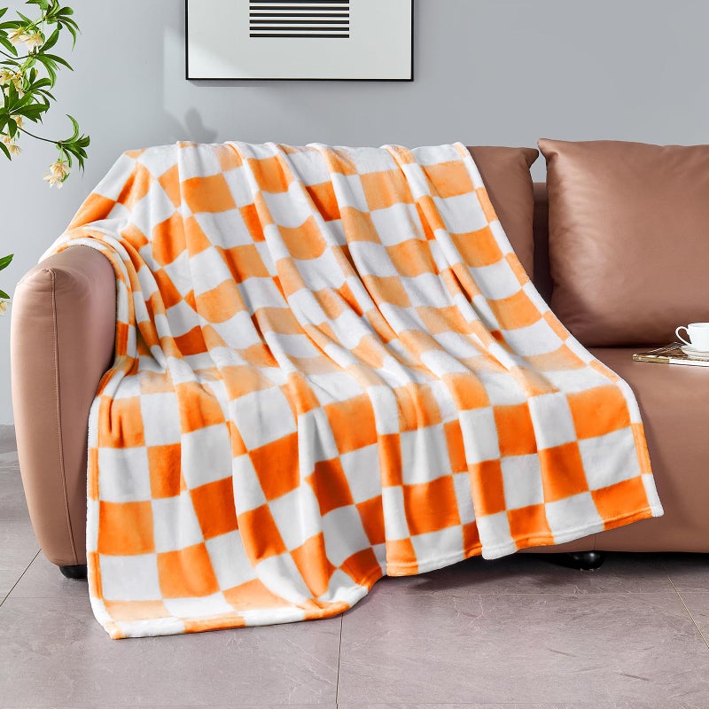 Edenleaf Orange Checkered Blanket Soft Cozy Fleece Checkered Throw Blankets for Bed Sofa Couch Camping Ultra Fluffy Throws for All Seasons 50x60 Inch Orange - Image 2