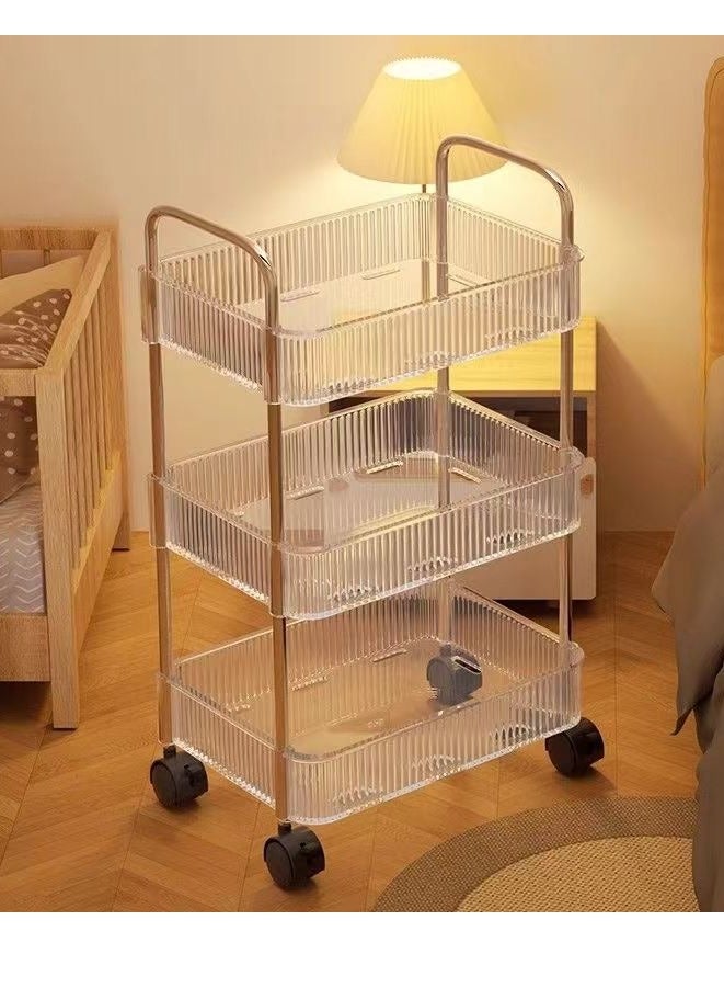 عربة أدوات تخزين متدحرجة من 3 طبقات، حامل عربة تخزين وتنظيم، عربة تخزين متعددة الوظائف، لون شفاف كريستالي، بكرات مصنوعة بعجلات قابلة للقفل، سهلة التجميع، تخزين مريح، مناسبة للحمام والمطبخ والمكتب - Image 1