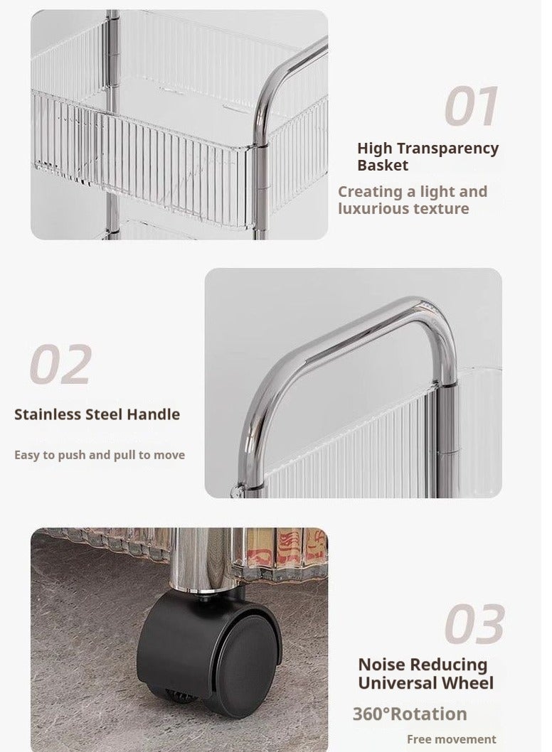 عربة أدوات تخزين متدحرجة من 3 طبقات، حامل عربة تخزين وتنظيم، عربة تخزين متعددة الوظائف، لون شفاف كريستالي، بكرات مصنوعة بعجلات قابلة للقفل، سهلة التجميع، تخزين مريح، مناسبة للحمام والمطبخ والمكتب - Image 4