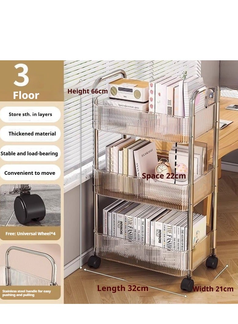 عربة أدوات تخزين متدحرجة من 3 طبقات، حامل عربة تخزين وتنظيم، عربة تخزين متعددة الوظائف، لون شفاف كريستالي، بكرات مصنوعة بعجلات قابلة للقفل، سهلة التجميع، تخزين مريح، مناسبة للحمام والمطبخ والمكتب - Image 2