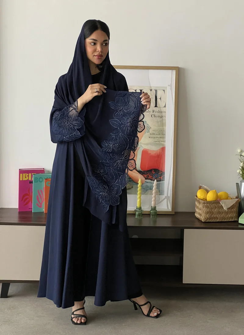 Lusin Abaya Navy abaya with Floral Embroidery & Hand-Beaded Accents