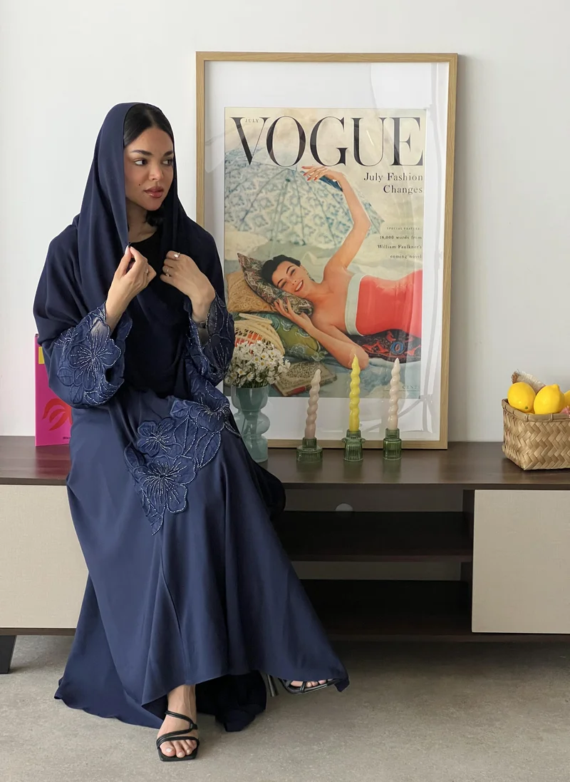 Lusin Abaya Navy abaya with Floral Embroidery & Hand-Beaded Accents