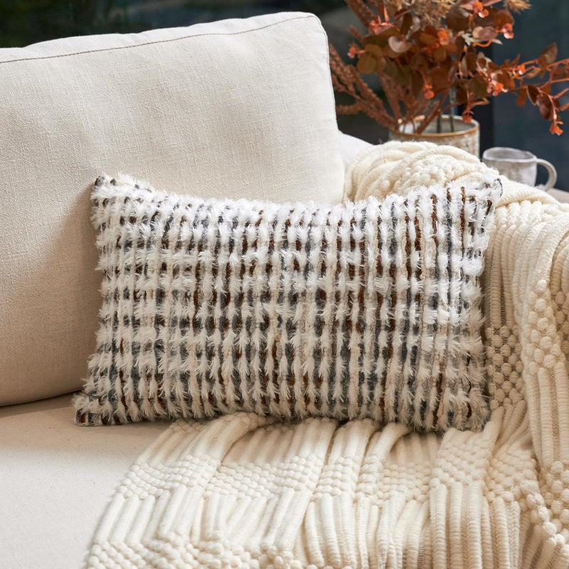 Aeckself Boho Chenille Tufted Pillow Cover 12 x 20 Inch Rectangle Decorative Lumbar Throw Pillow Cover Neutral Pillowcase for Couch Bedroom Living Room Brown White