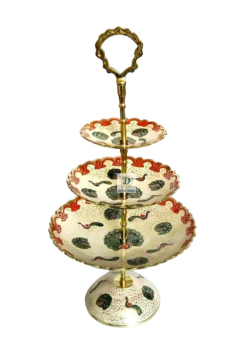 D DECKORISH DECKORISH Brass Hand Crafted 3 Tier White Fruit StandCake Stand Sophisticated Handcrafted White Brass Display for Serving Fruits Cakes Desserts and Enhancing Home or Event Dcor - Image 1