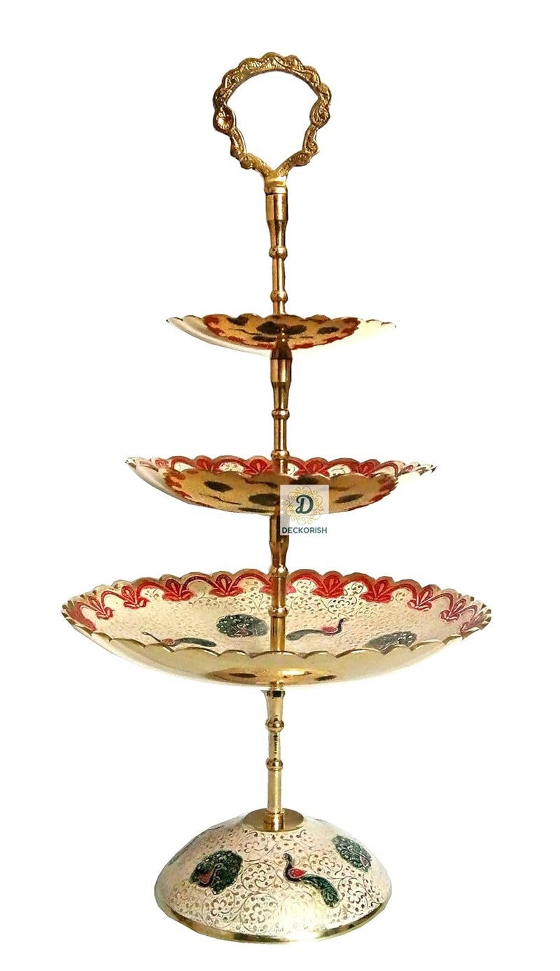 D DECKORISH DECKORISH Brass Hand Crafted 3 Tier White Fruit StandCake Stand Sophisticated Handcrafted White Brass Display for Serving Fruits Cakes Desserts and Enhancing Home or Event Dcor - Image 2