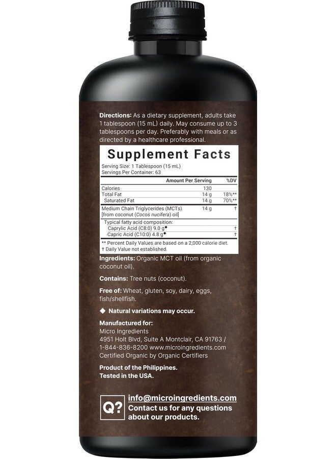 Micro Ingredients MCT Oil Organic, 32 fl oz |100% Virgin Coconut with C8 + C10 Fatty Acids | Natural Fuel for Brain Energy & Ketone Production | Great for Coffee or Dressings | Unflavored, Keto, Vegan  - Image 2