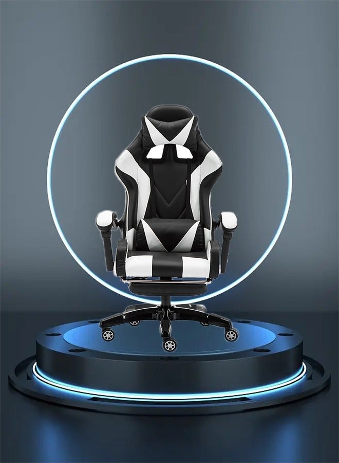 Generic Gaming Chair with Footrest for Adults Ergonomic High Back Office Racing Chair with Armrest, Swivel Leather Desk Chairs with Adjustable Headrest and Lumbar Cushion for Office and Home White/Black  - Image 1