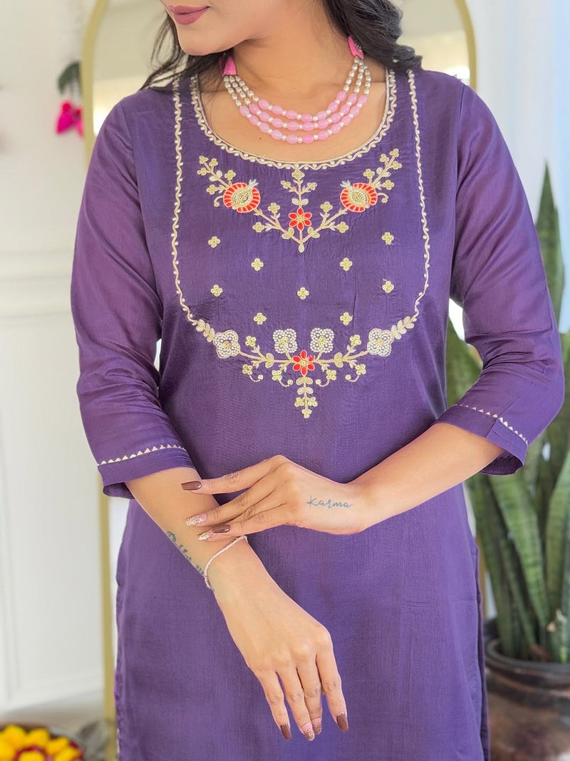 Naixa Women's Purple Viscose Embroidered Straight Kurta with Viscose Pant and Jacquard Printed Dupatta Sets (NX-665-Purple-XL) - Image 5