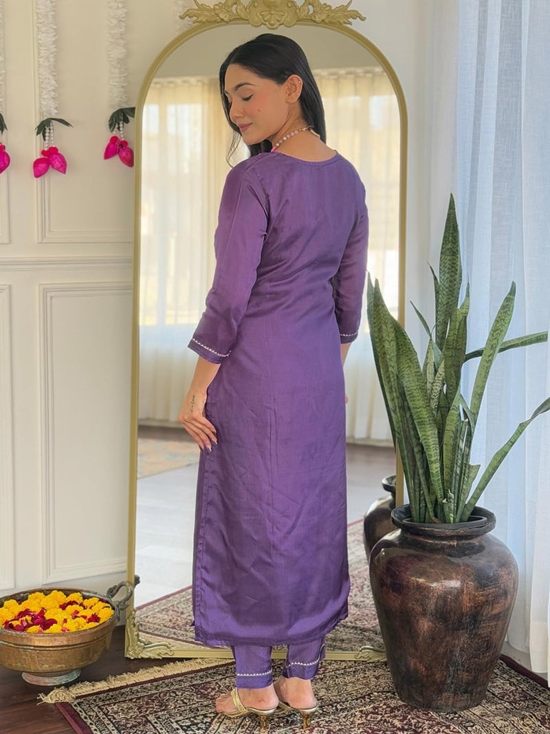 Naixa Women's Purple Viscose Embroidered Straight Kurta with Viscose Pant and Jacquard Printed Dupatta Sets (NX-665-Purple-XL) - Image 4