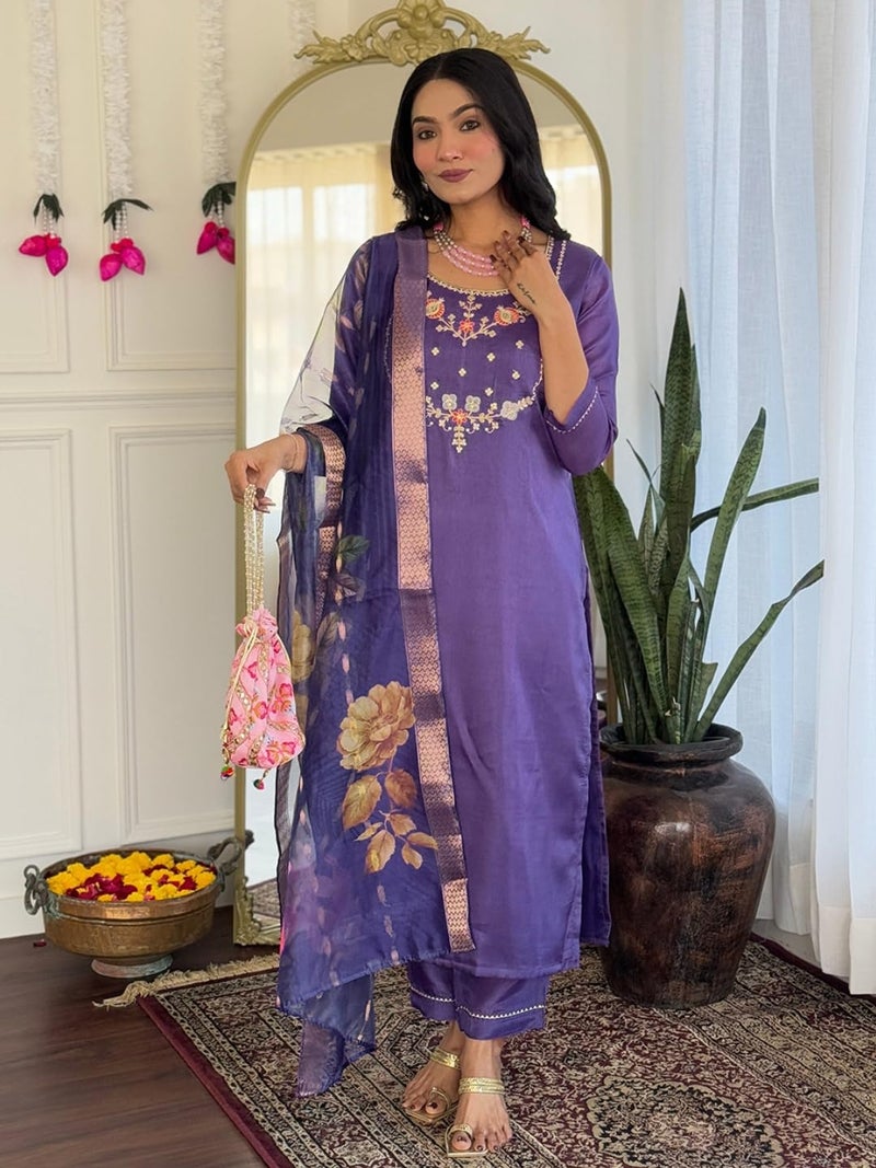 Naixa Women's Purple Viscose Embroidered Straight Kurta with Viscose Pant and Jacquard Printed Dupatta Sets (NX-665-Purple-XL) - Image 2