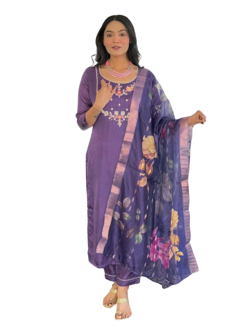 Naixa Women's Purple Viscose Embroidered Straight Kurta with Viscose Pant and Jacquard Printed Dupatta Sets (NX-665-Purple-XL) - Image 1