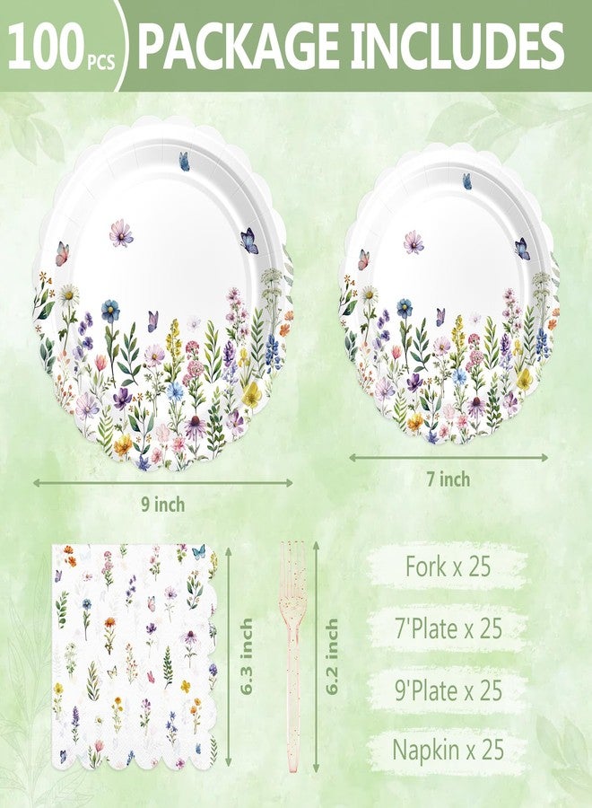 Mulbozy 100 Wildflower Themed Plates and Napkins Disposable Set Includes 25-9" & 25-7" Dessert Cake Scalloped Plates, Cocktail Napkins, Forks for for Holiday Party Supplies - Image 2