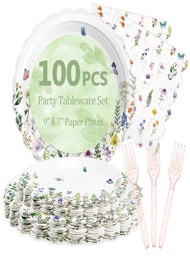 Mulbozy 100 Wildflower Themed Plates and Napkins Disposable Set Includes 25-9" & 25-7" Dessert Cake Scalloped Plates, Cocktail Napkins, Forks for for Holiday Party Supplies - Image 1