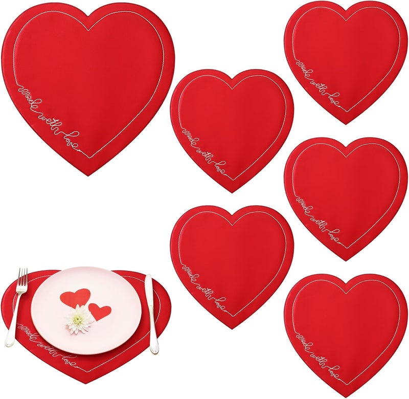 Gandeer 6 Pcs Valentines Day Heart Placemats Red Heart Embroidered Made with Love 14 Inch Valentines Table Mats Washable Table Mats for Dating Anniversary Wedding Party Kitchen Dining Decoration - Image 1