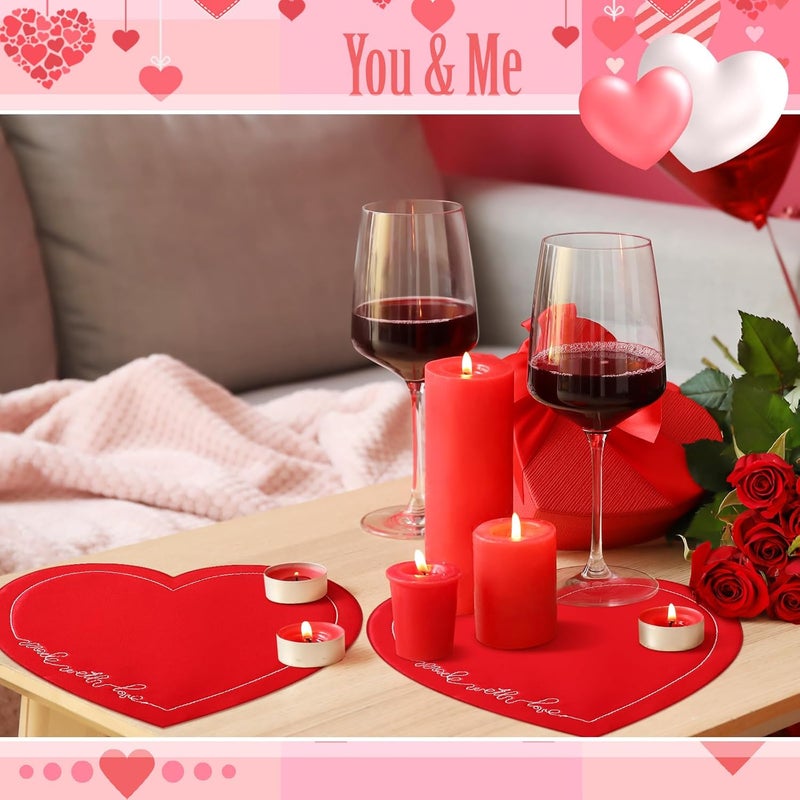 Gandeer 6 Pcs Valentines Day Heart Placemats Red Heart Embroidered Made with Love 14 Inch Valentines Table Mats Washable Table Mats for Dating Anniversary Wedding Party Kitchen Dining Decoration - Image 5