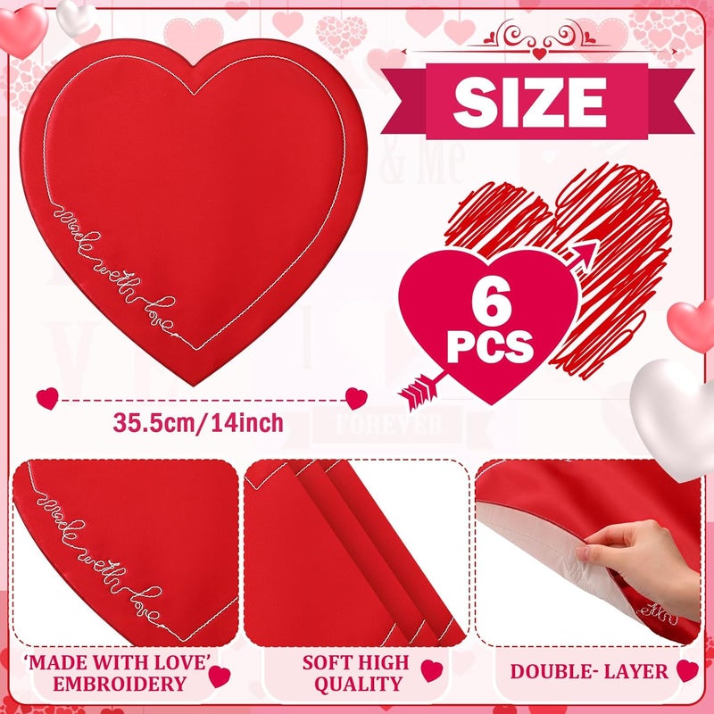 Gandeer 6 Pcs Valentines Day Heart Placemats Red Heart Embroidered Made with Love 14 Inch Valentines Table Mats Washable Table Mats for Dating Anniversary Wedding Party Kitchen Dining Decoration - Image 2