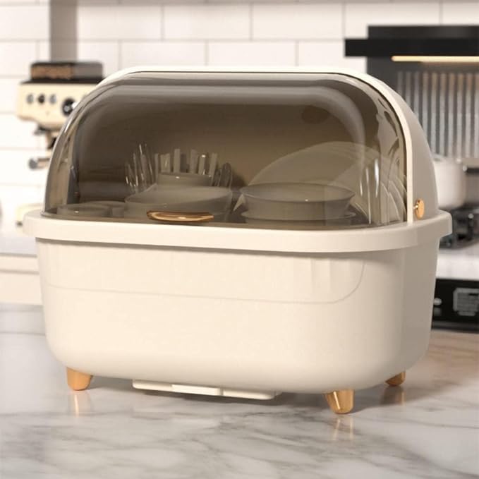 MAPPLE CREATION Kitchen Dish Rack with Clear Lid Large DustProof Kitchen Storage Organizer for Dishes Bowls Utensils SpaceSaving Drain Rack with Lid Tableware Storage Box - Image 2