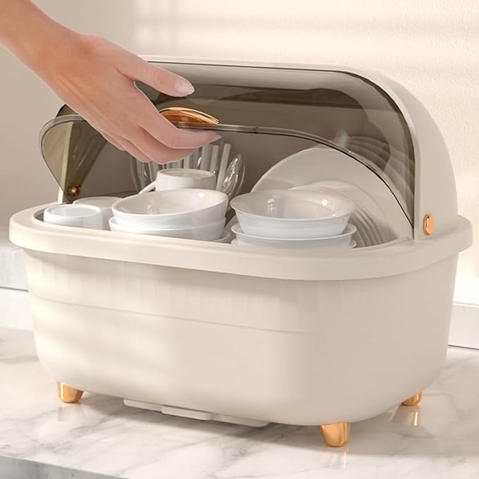 MAPPLE CREATION Kitchen Dish Rack with Clear Lid Large DustProof Kitchen Storage Organizer for Dishes Bowls Utensils SpaceSaving Drain Rack with Lid Tableware Storage Box - Image 1
