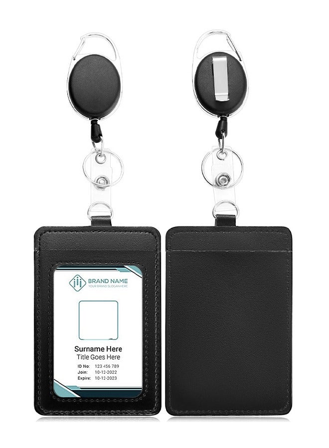 Badge Holders, 2 Pack Heavy Duty Retractable Reel Clips Set with Carabiner Reel Clip, Upgraded Retractable Badge Reel and Vertical Leather ID Card Holder, Black - Image 1
