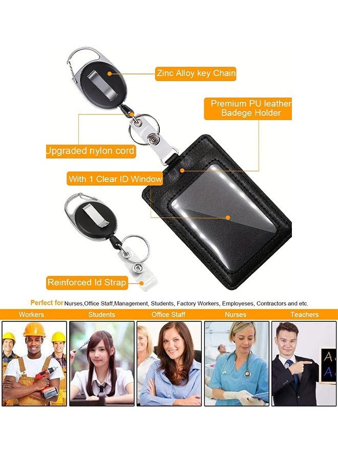 Badge Holders, 2 Pack Heavy Duty Retractable Reel Clips Set with Carabiner Reel Clip, Upgraded Retractable Badge Reel and Vertical Leather ID Card Holder, Black - Image 2