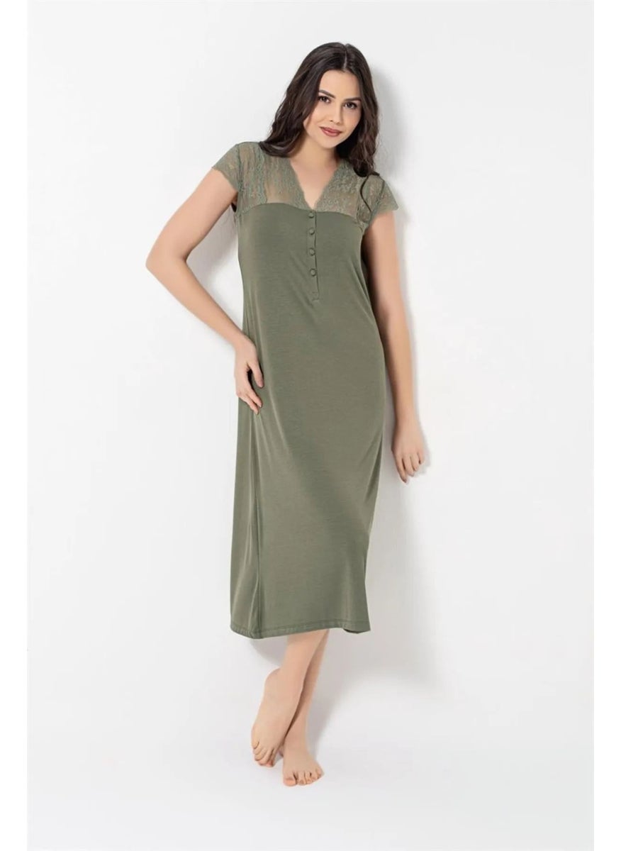Monamise 18487 Women's Short Sleeve Embroidery Lace Nightgown-Khaki  - Image 1