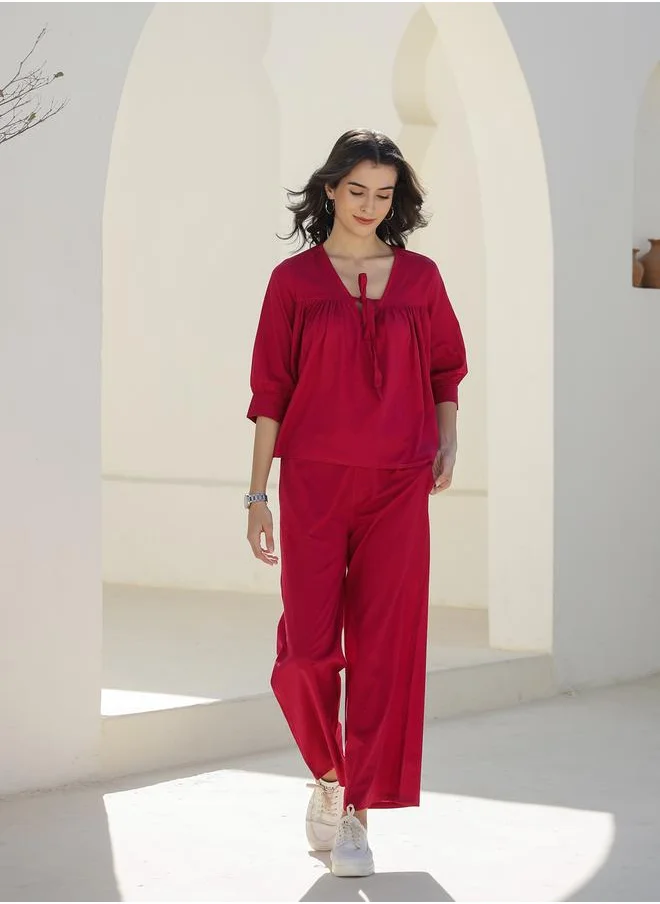 سانسكريتي هومز Sanskrutihomes Solid Square Neck Cotton Top and Trouser Co-Ords