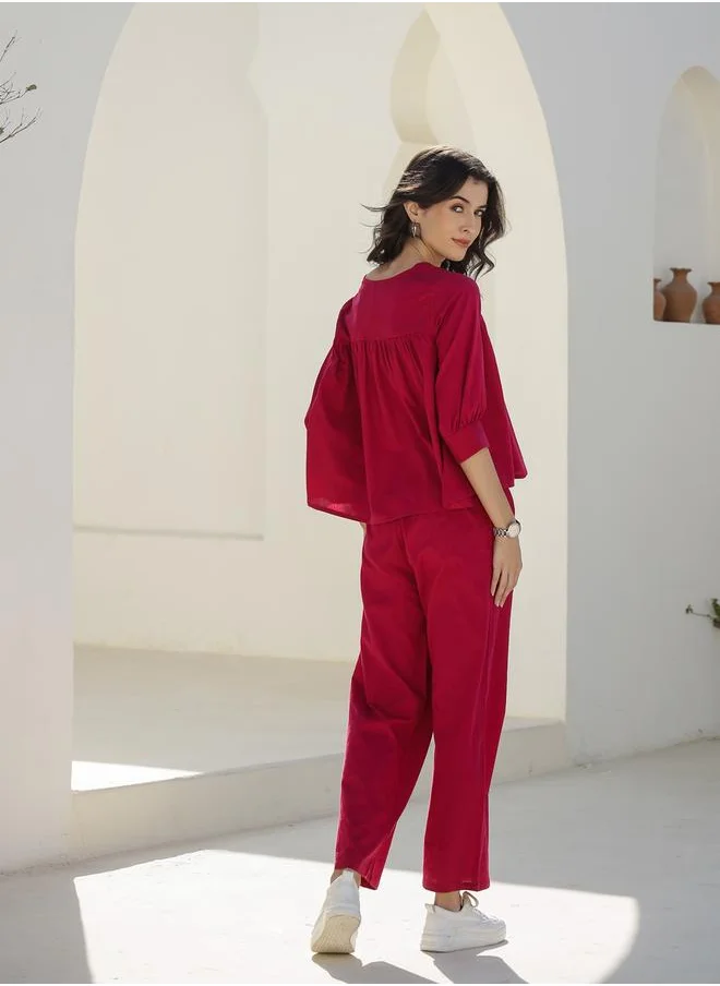 سانسكريتي هومز Sanskrutihomes Solid Square Neck Cotton Top and Trouser Co-Ords