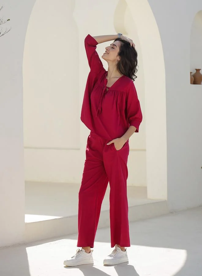 sanskrutihomes sanskrutihomes Solid Square Neck Cotton Top and Trouser Co-Ords