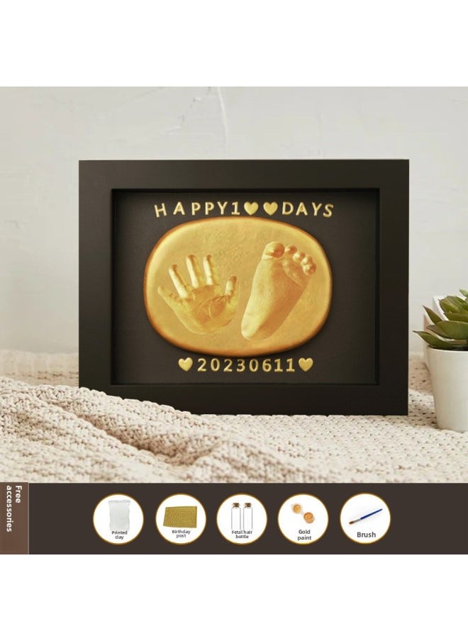 Baby Full Moon Commemorative Hand And Foot Print Baby Handprint Footprint Photo Frame Newborn One Hundred Days Hand And Footprint Fetal Hair Souvenir-Specification:8inch Walnut Horizontal Style (available Before Half A Year Old) + Bottle  - Image 1