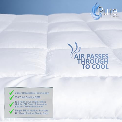 Pure Brands Queen Mattress Topper and Pad Cover Extra Thick Luxury Down Alternative Pillow Top Cooling Bed Topper Ultra Plush and Hypoallergenic Mattress Protector 18 Inch Deep Pocket - Image 3