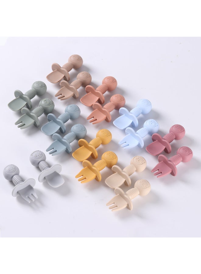 Food Grade Children's Wooden Handle Silicone Spoon Fork Tableware Baby Training Complementary Food Spoon Baby Feeding Spoon Fork-Specifications:Default-Color:Peach (full Silicone + Short Spoon + Short Fork) - Image 3
