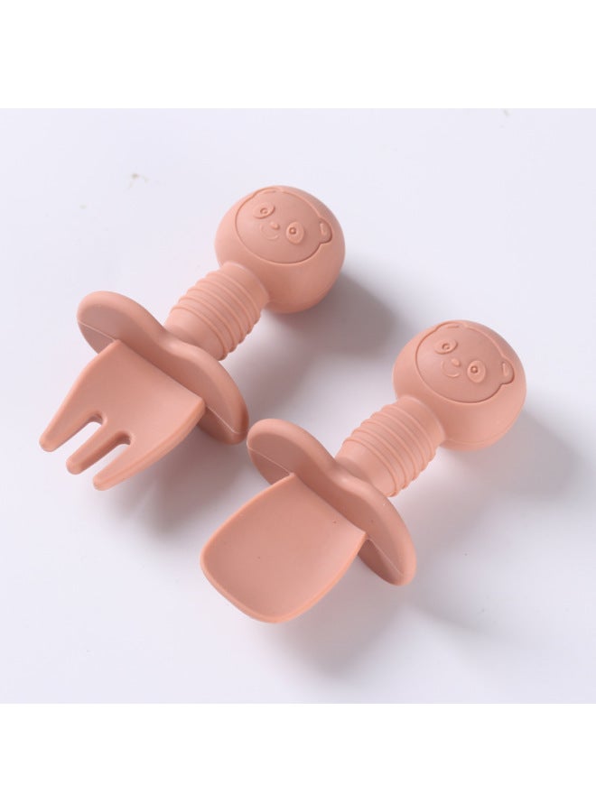 Food Grade Children's Wooden Handle Silicone Spoon Fork Tableware Baby Training Complementary Food Spoon Baby Feeding Spoon Fork-Specifications:Default-Color:Peach (full Silicone + Short Spoon + Short Fork) - Image 1