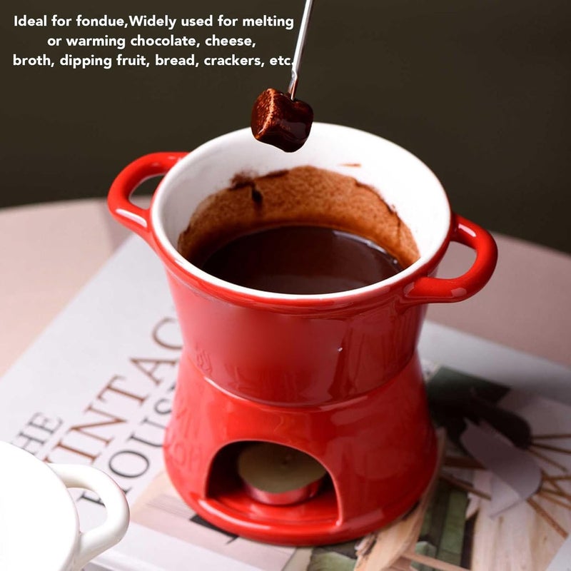 Luocute Chocolate Fondue Mug, 300ml Ceramic Butter Warmer Pot for Melting Cheese Chocolate Broth, with Stainless Steel Fork for Kitchen Dessert Dipping Snacks (Red) - Image 5