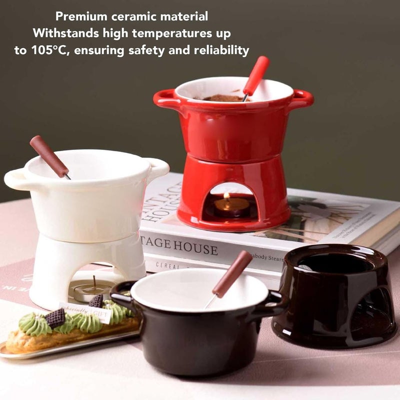 Luocute Chocolate Fondue Mug, 300ml Ceramic Butter Warmer Pot for Melting Cheese Chocolate Broth, with Stainless Steel Fork for Kitchen Dessert Dipping Snacks (Red) - Image 3