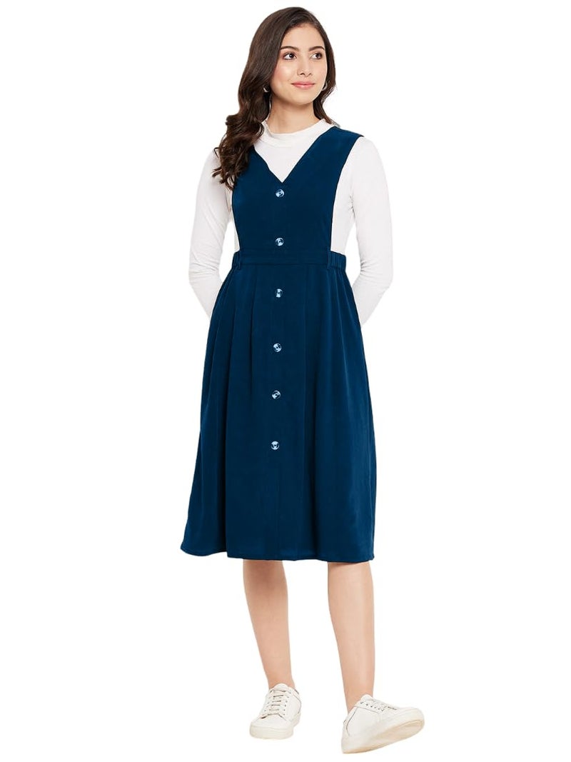 WineRed Women Blue Solid Pinafore Dress with Button - Image 1