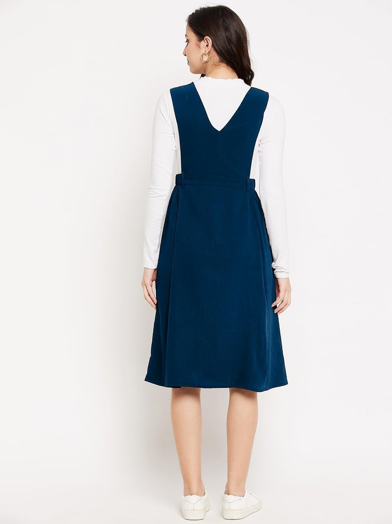 WineRed Women Blue Solid Pinafore Dress with Button - Image 5