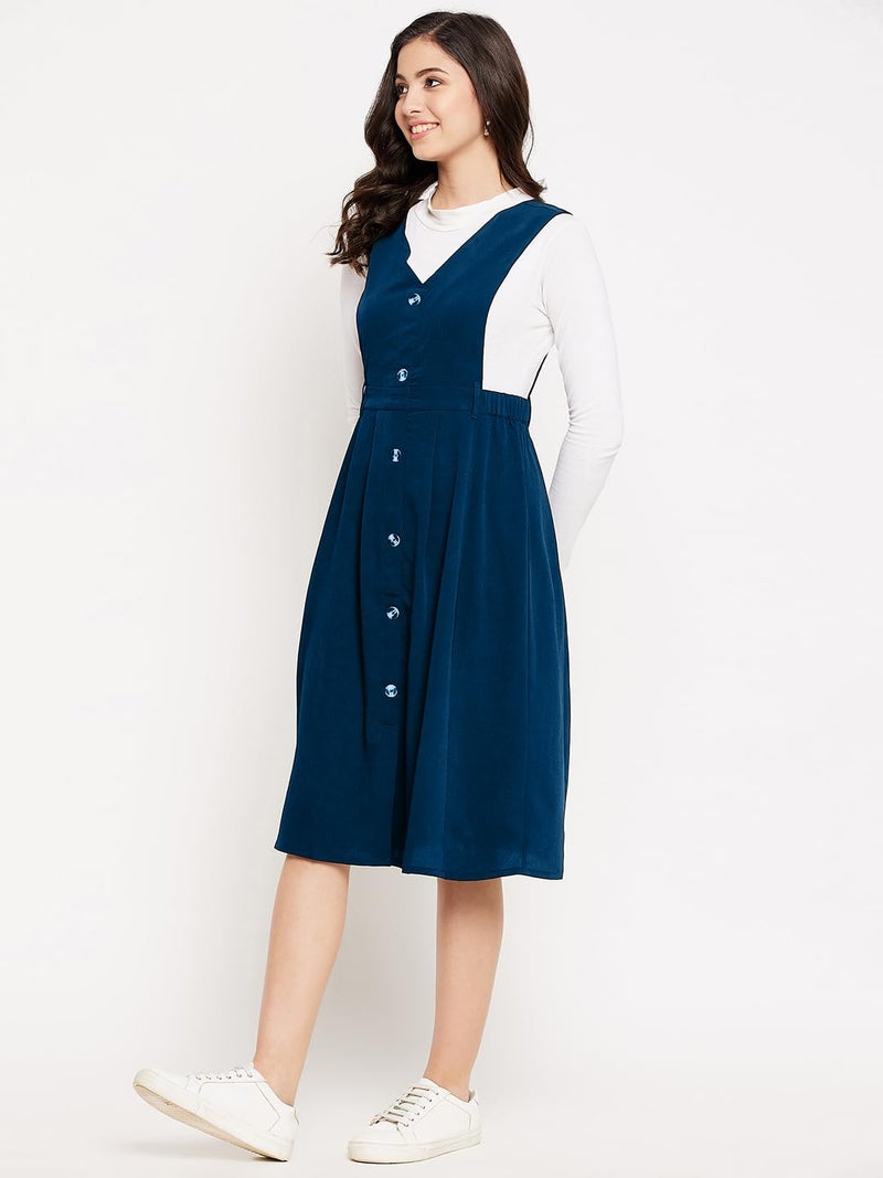 WineRed Women Blue Solid Pinafore Dress with Button - Image 3