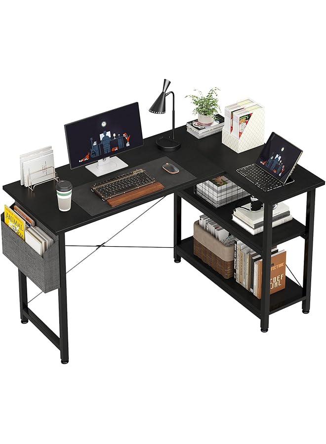 سكاي تاتش مكتب ألعاب كمبيوتر على شكل حرف L مقاس 46.5 بوصة، مكتب زاوية للكمبيوتر مع أرفف تخزين وحقيبة تخزين، طاولة كتابة للدراسة، سطح من ألياف الكربون لمحطة عمل الكمبيوتر المنزلية، توفير المساحة باللون الأسود - Image 1