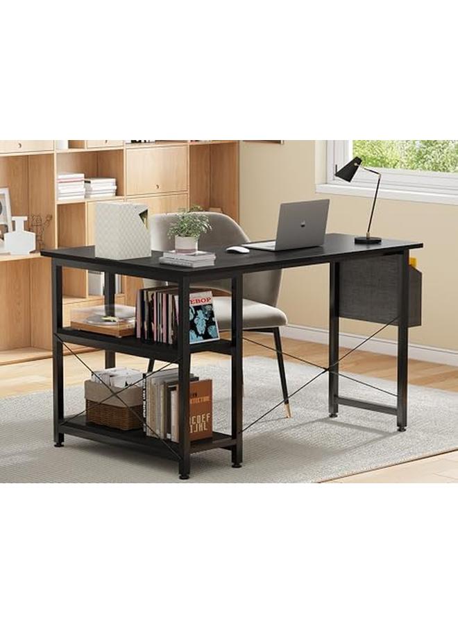 سكاي تاتش مكتب ألعاب كمبيوتر على شكل حرف L مقاس 46.5 بوصة، مكتب زاوية للكمبيوتر مع أرفف تخزين وحقيبة تخزين، طاولة كتابة للدراسة، سطح من ألياف الكربون لمحطة عمل الكمبيوتر المنزلية، توفير المساحة باللون الأسود - Image 2