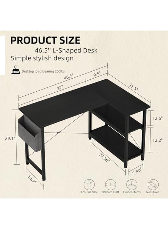سكاي تاتش مكتب ألعاب كمبيوتر على شكل حرف L مقاس 46.5 بوصة، مكتب زاوية للكمبيوتر مع أرفف تخزين وحقيبة تخزين، طاولة كتابة للدراسة، سطح من ألياف الكربون لمحطة عمل الكمبيوتر المنزلية، توفير المساحة باللون الأسود - Image 3